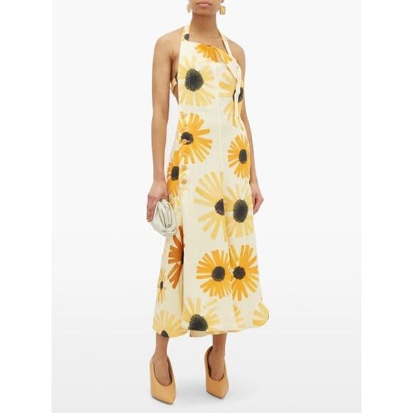 Jacquemus Tablier Sunflower Print Open Back Halter Neck Apron Dress Yellow Sz 42 - Picture 1 of 12